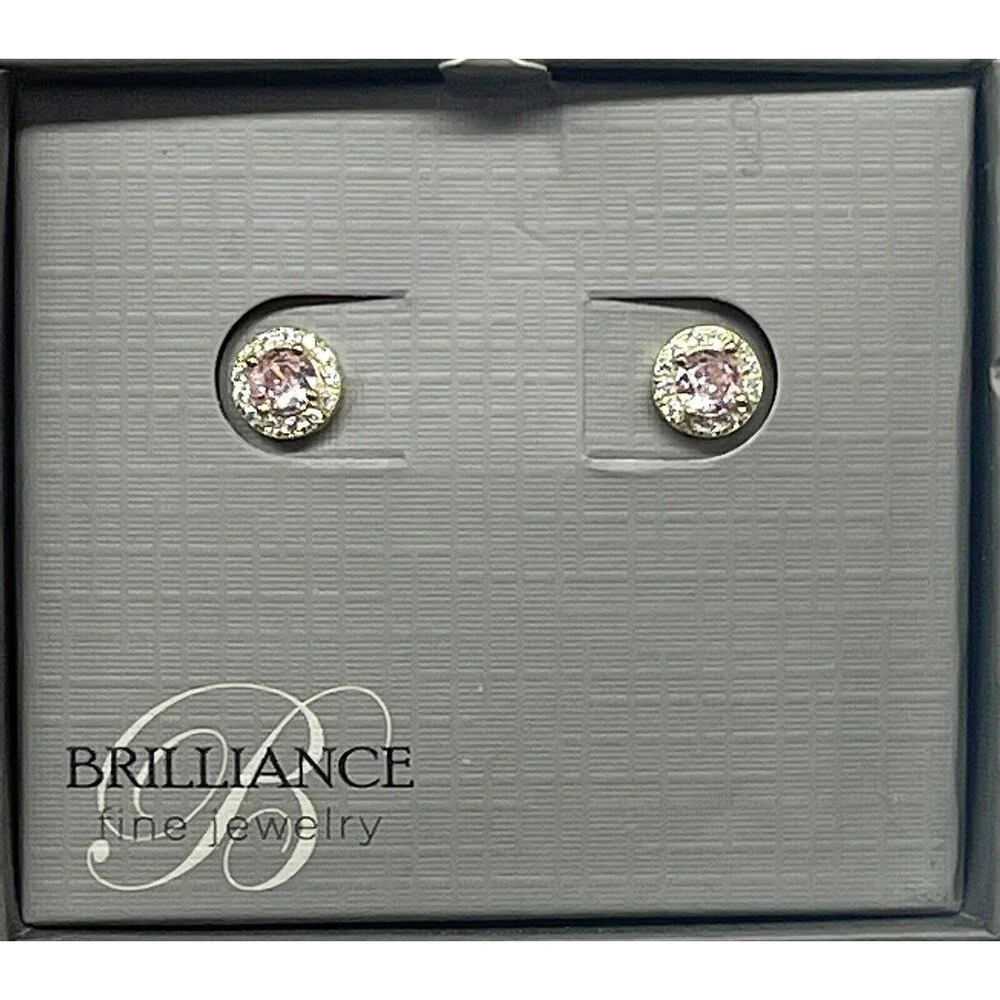 Brilliance Fine Jewelry Gold Over 925 SS Pink & Clear CZ Halo Stud Earrings